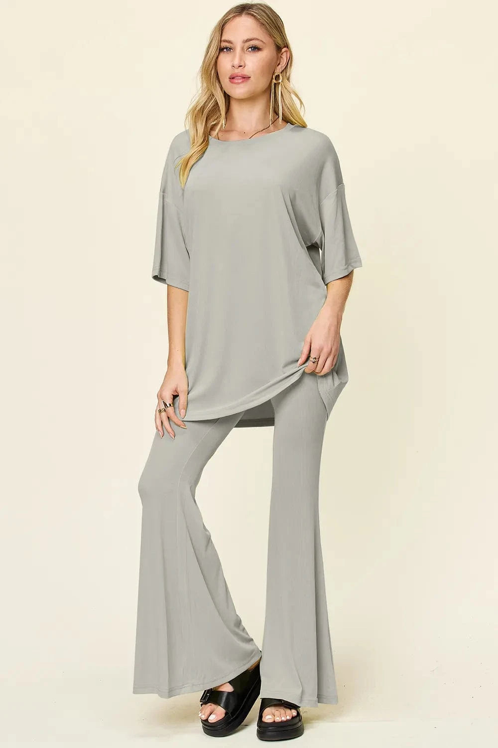 Double Take Full Size Round Neck Drop Shoulder T-Shirt and Flare Pants Set everyday essentials
