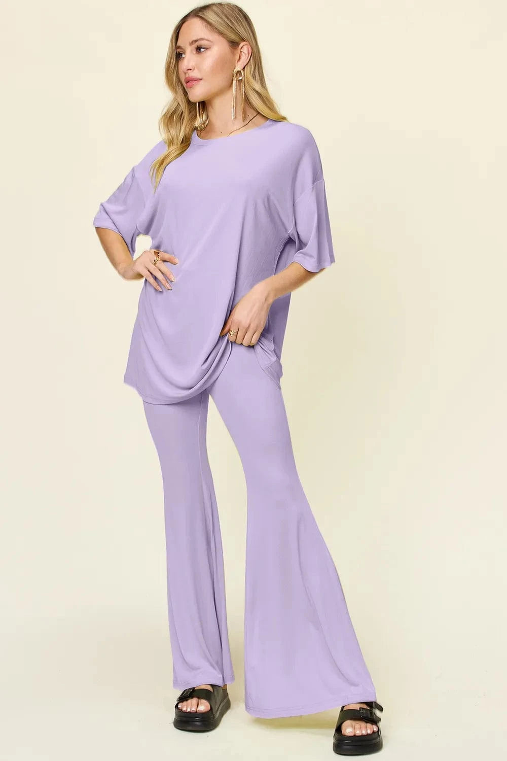 Double Take Full Size Round Neck Drop Shoulder T-Shirt and Flare Pants Set everyday essentials