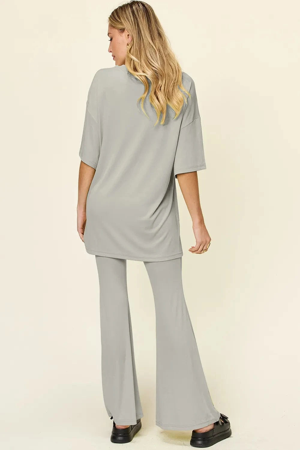 Double Take Full Size Round Neck Drop Shoulder T-Shirt and Flare Pants Set everyday essentials