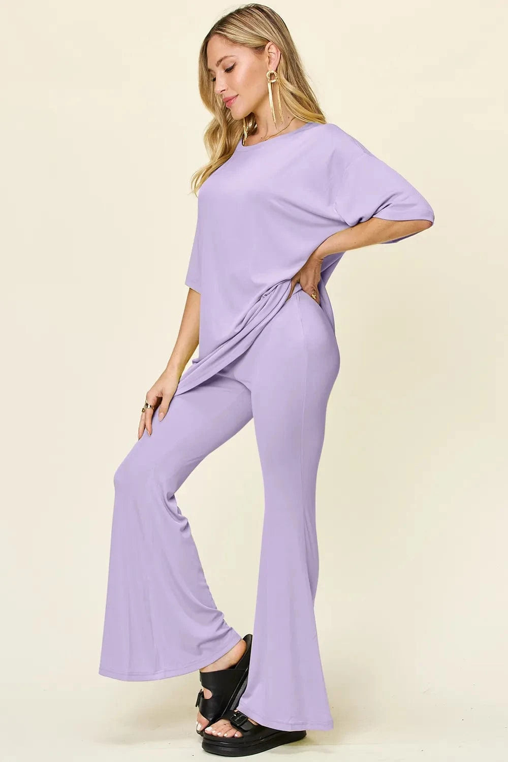 Double Take Full Size Round Neck Drop Shoulder T-Shirt and Flare Pants Set everyday essentials