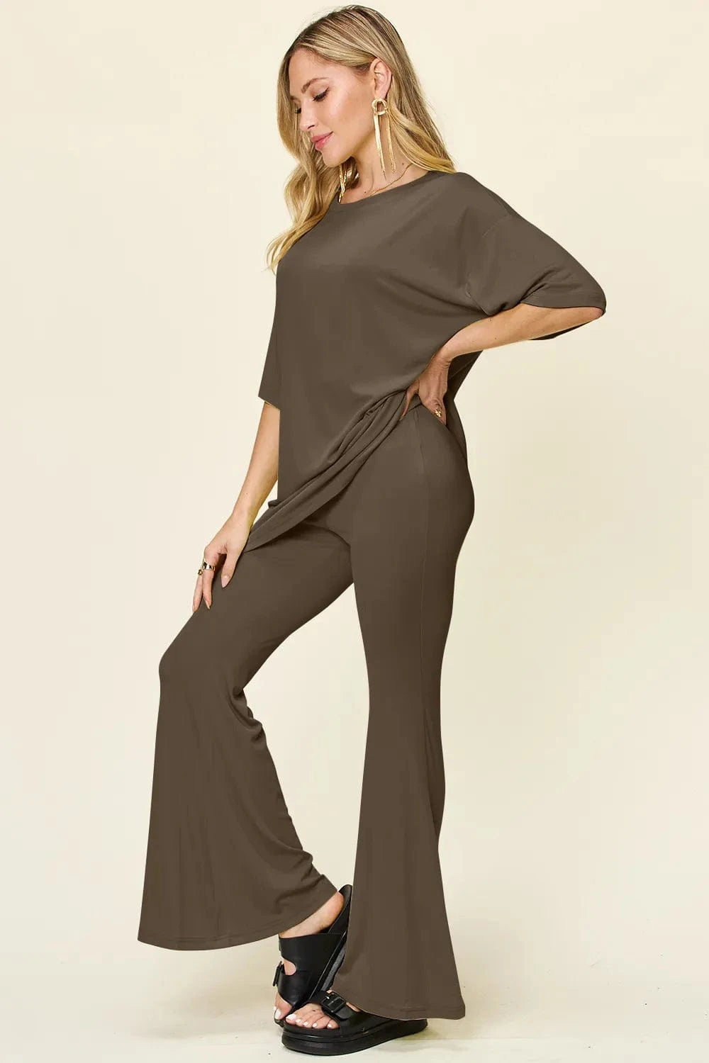 Double Take Full Size Round Neck Drop Shoulder T-Shirt and Flare Pants Set everyday essentials