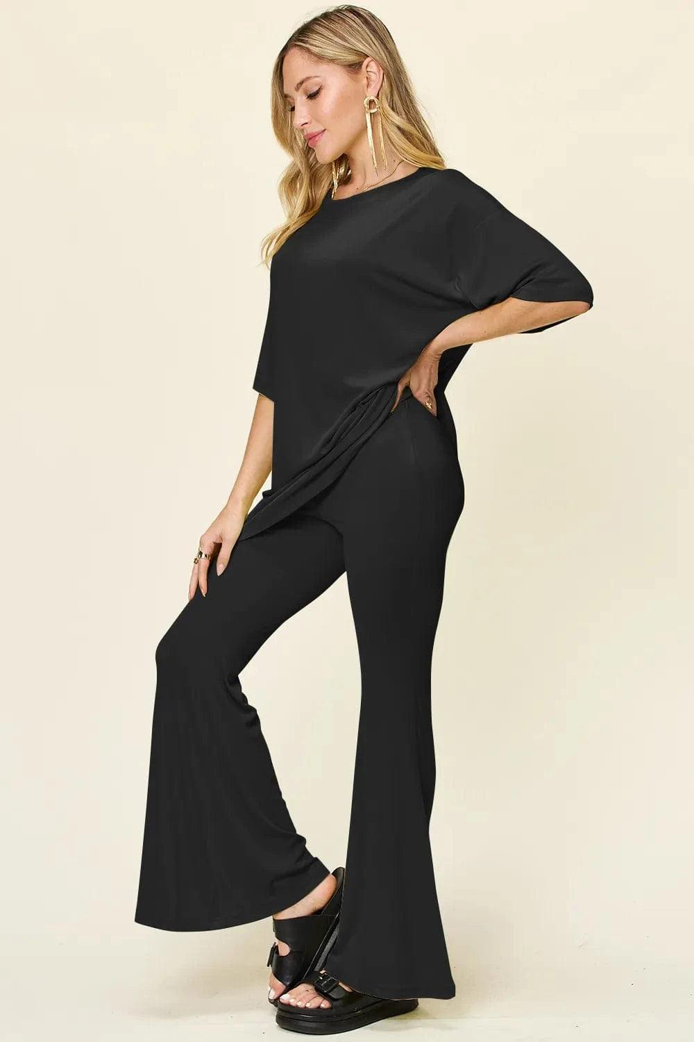 Double Take Full Size Round Neck Drop Shoulder T-Shirt and Flare Pants Set everyday essentials