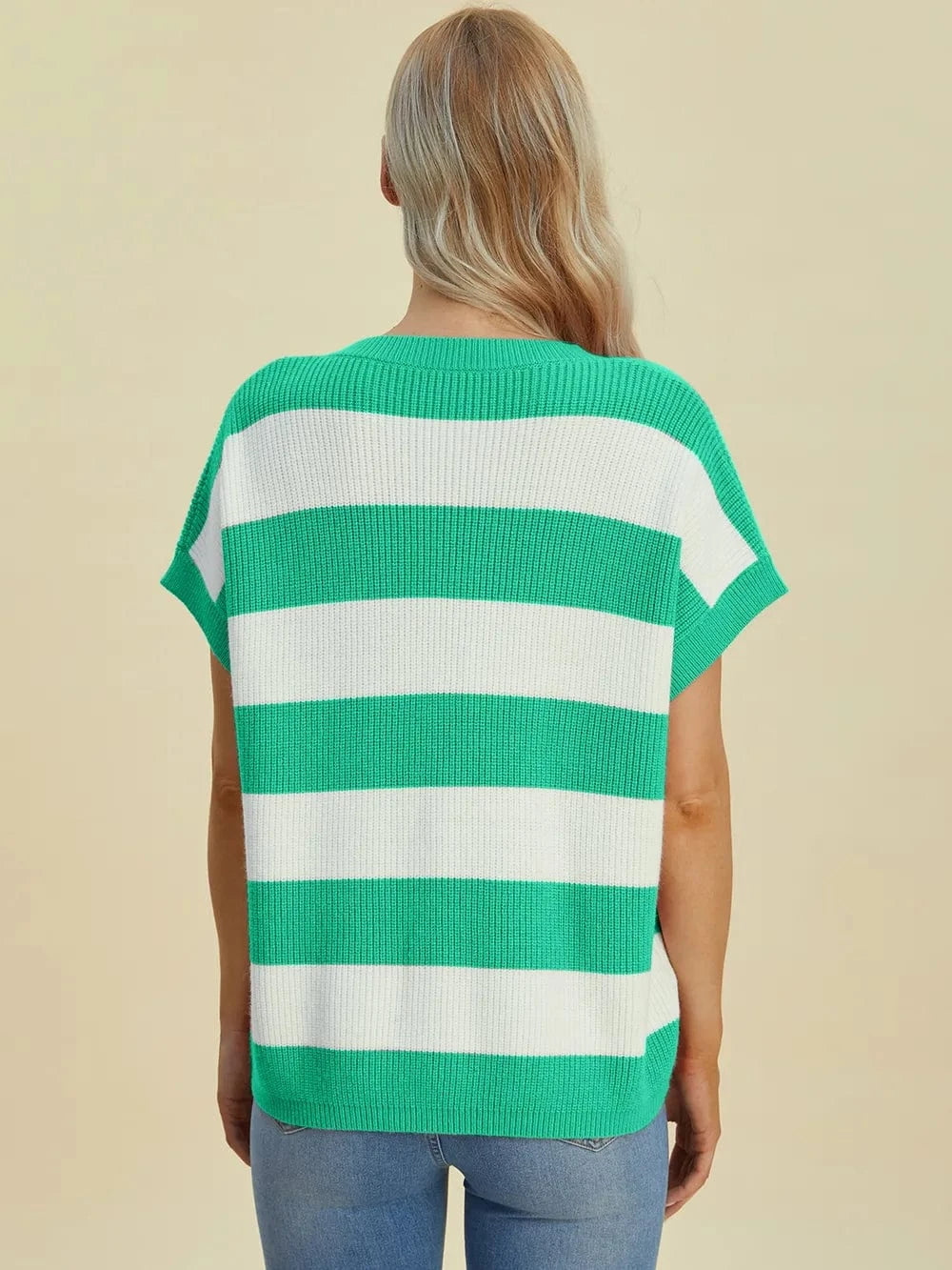Double Take Full Size Striped V-Neck Short Sleeve Sweater everyday essentials