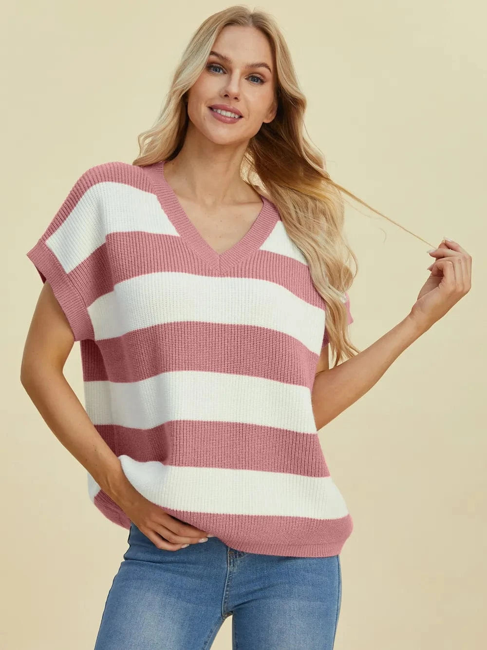 Double Take Full Size Striped V-Neck Short Sleeve Sweater everyday essentials