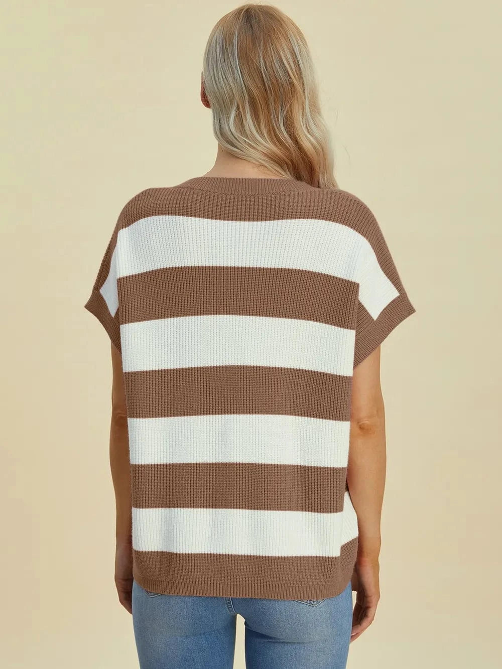 Double Take Full Size Striped V-Neck Short Sleeve Sweater everyday essentials