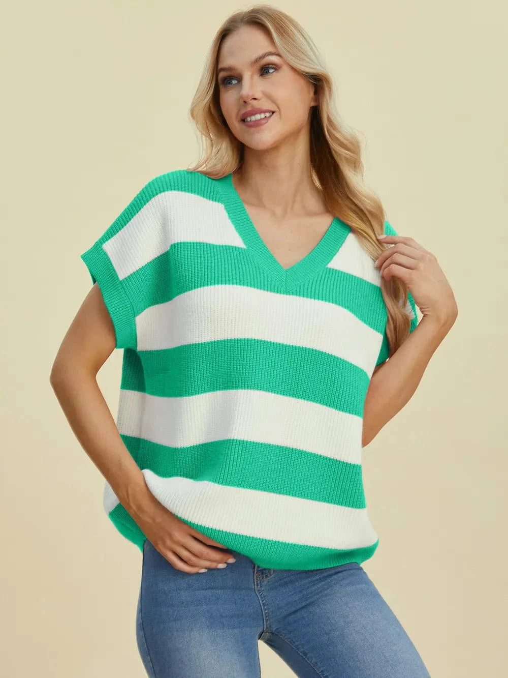Double Take Full Size Striped V-Neck Short Sleeve Sweater everyday essentials