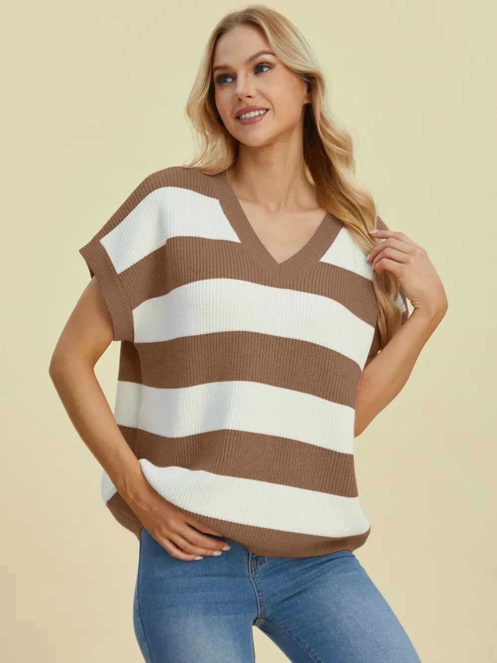 Double Take Full Size Striped V-Neck Short Sleeve Sweater everyday essentials