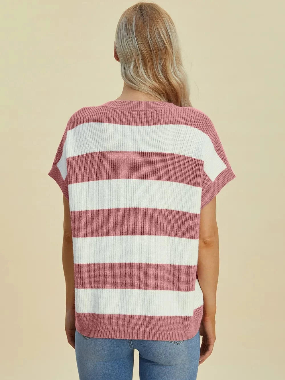 Double Take Full Size Striped V-Neck Short Sleeve Sweater everyday essentials