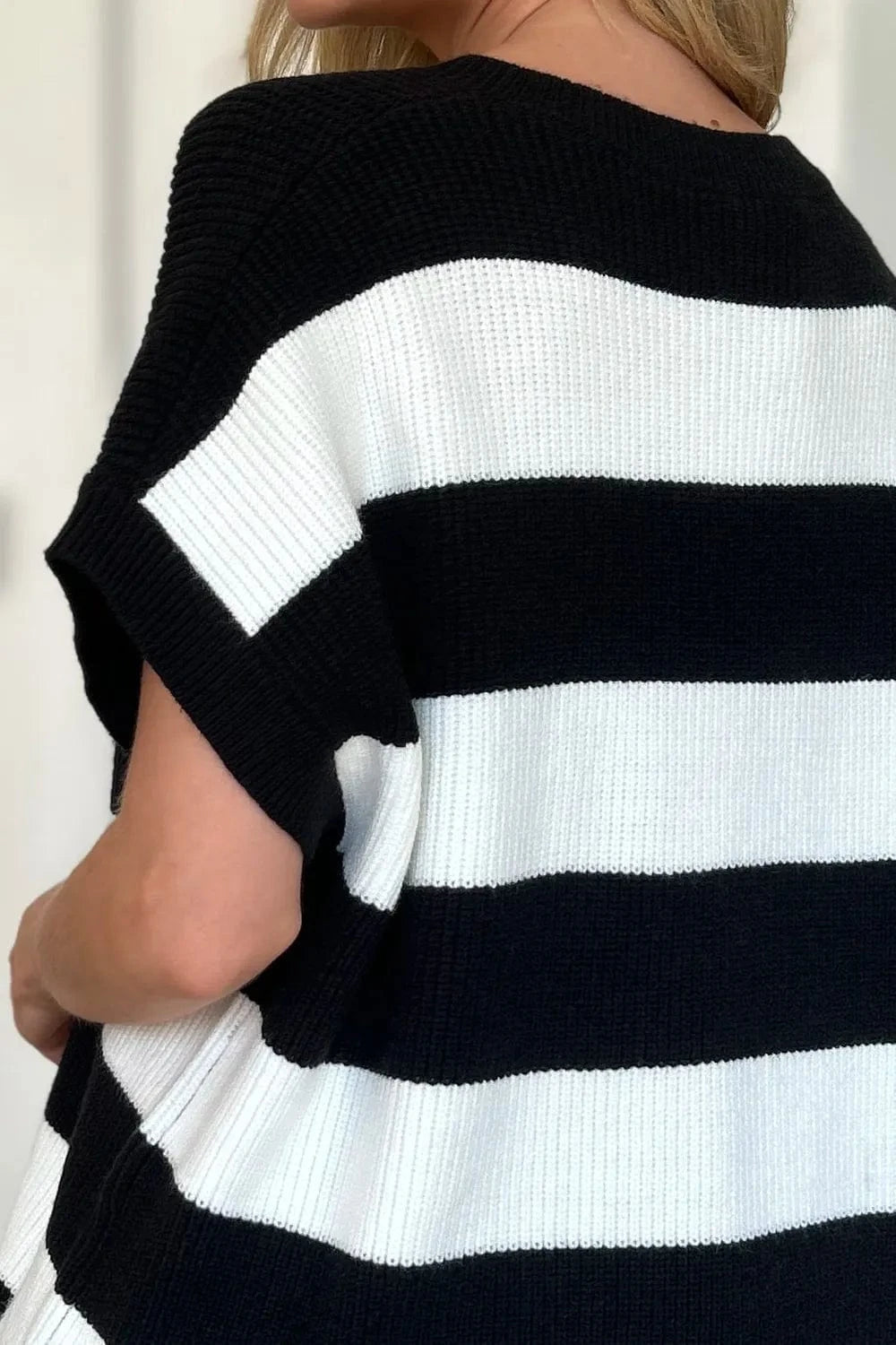 Double Take Full Size Striped V-Neck Short Sleeve Sweater everyday essentials