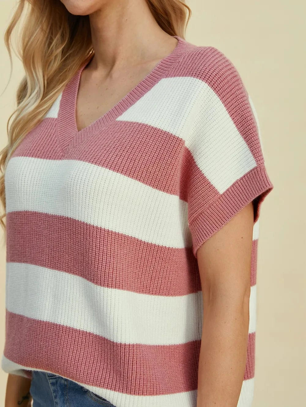 Double Take Full Size Striped V-Neck Short Sleeve Sweater everyday essentials