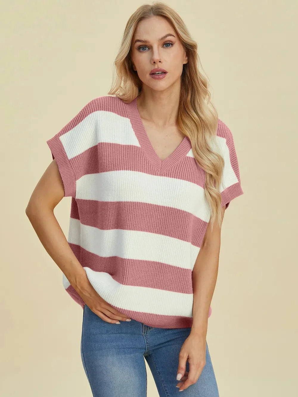 Double Take Full Size Striped V-Neck Short Sleeve Sweater everyday essentials