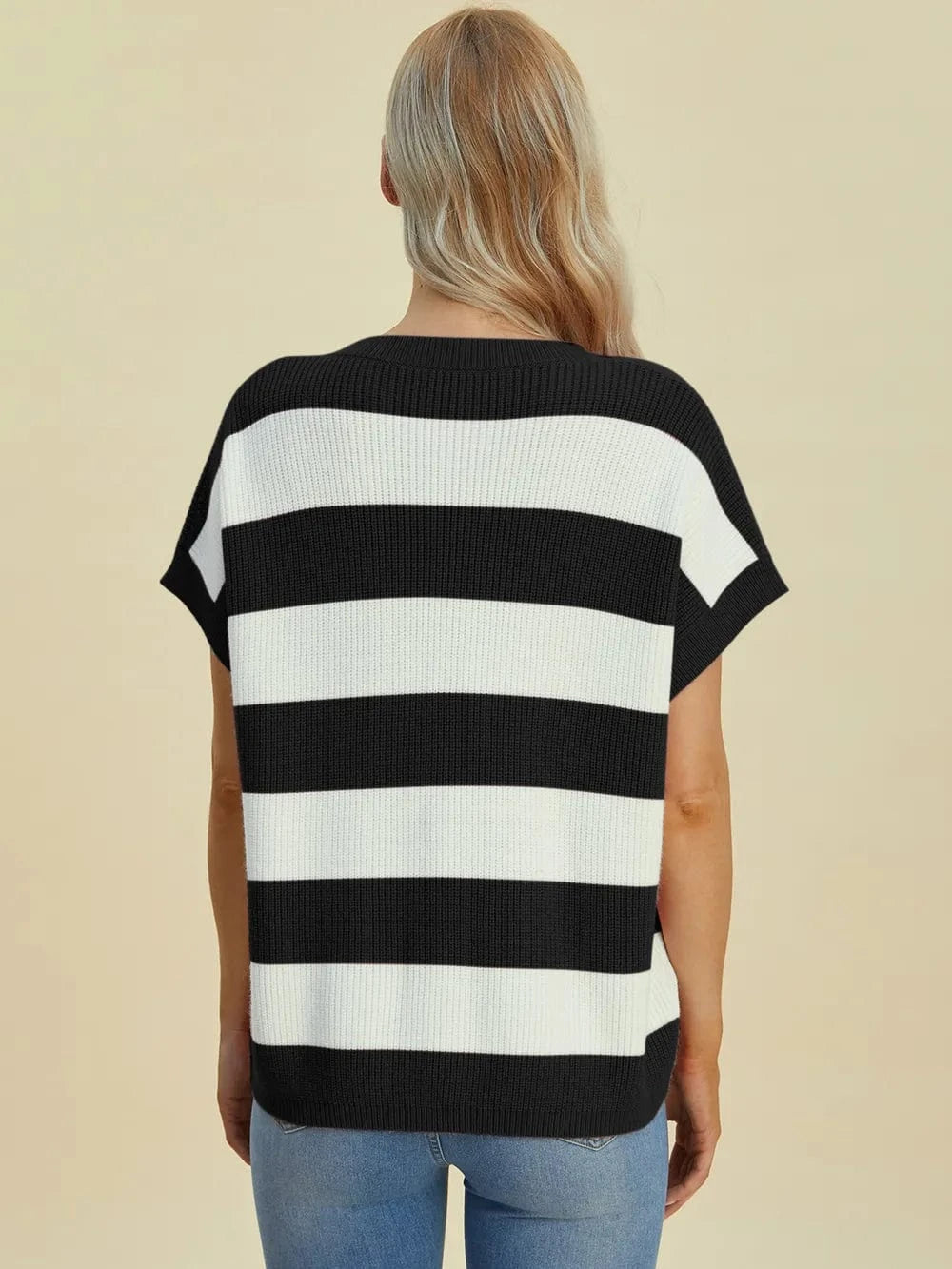 Double Take Full Size Striped V-Neck Short Sleeve Sweater everyday essentials