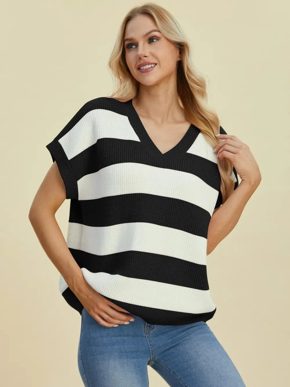 Double Take Full Size Striped V-Neck Short Sleeve Sweater everyday essentials