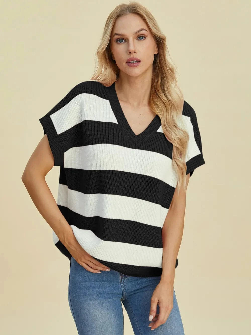 Double Take Full Size Striped V-Neck Short Sleeve Sweater everyday essentials