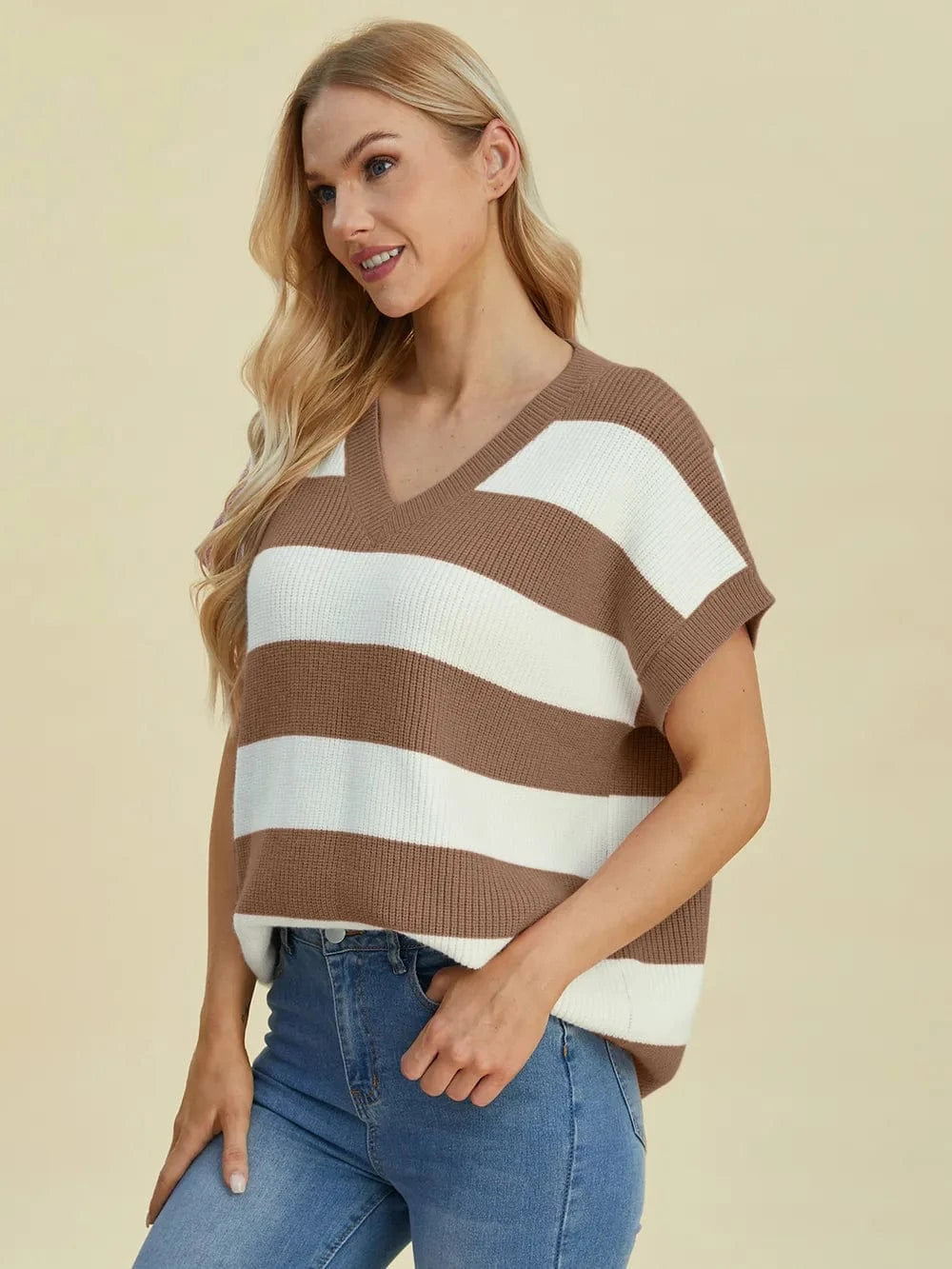 Double Take Full Size Striped V-Neck Short Sleeve Sweater everyday essentials