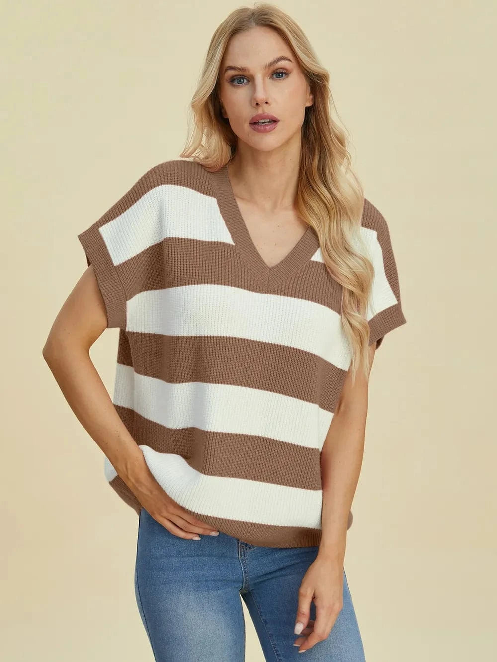 Double Take Full Size Striped V-Neck Short Sleeve Sweater everyday essentials