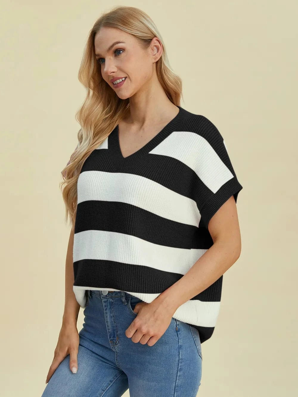 Double Take Full Size Striped V-Neck Short Sleeve Sweater everyday essentials