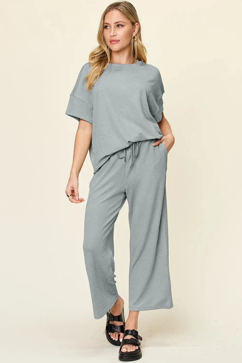 Double Take Full Size Texture Round Neck Short Sleeve T-Shirt and Wide Leg Pants everyday essentials