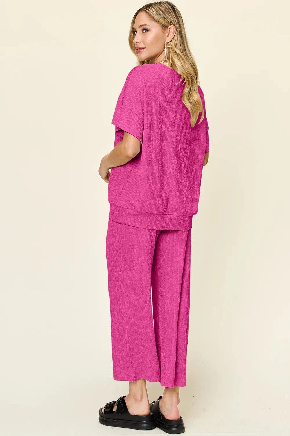 Double Take Full Size Texture Round Neck Short Sleeve T-Shirt and Wide Leg Pants everyday essentials
