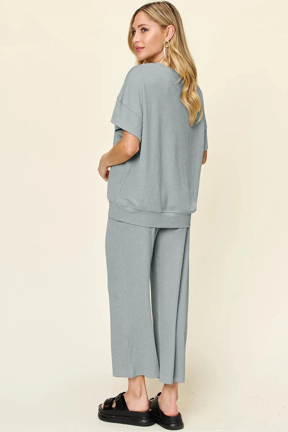 Double Take Full Size Texture Round Neck Short Sleeve T-Shirt and Wide Leg Pants everyday essentials