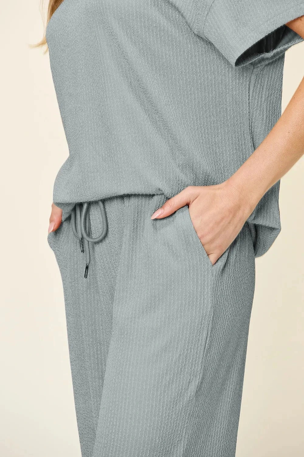 Double Take Full Size Texture Round Neck Short Sleeve T-Shirt and Wide Leg Pants everyday essentials