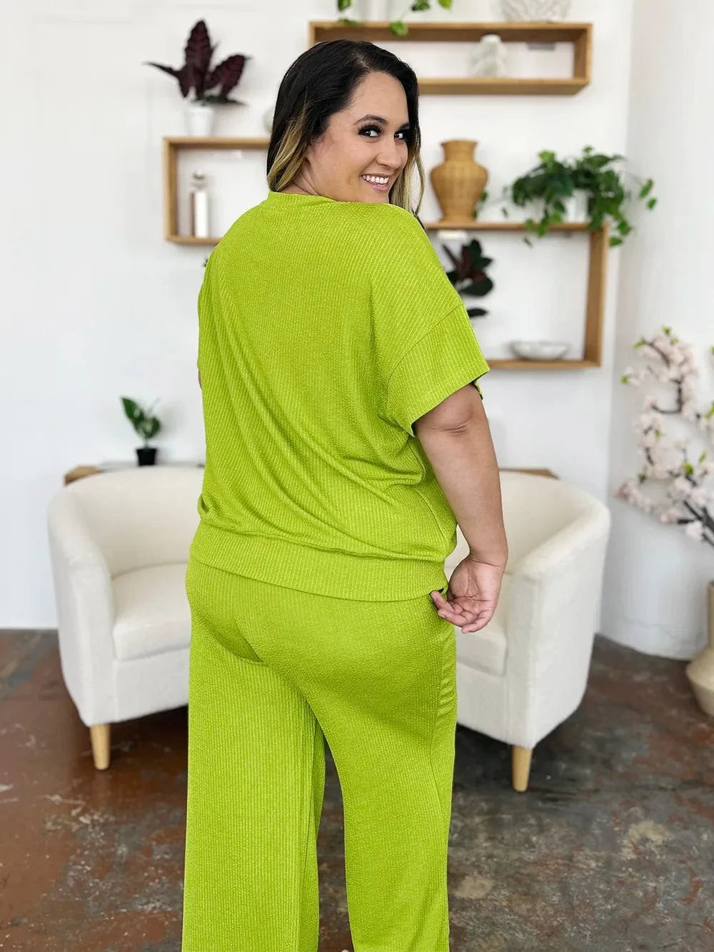 Double Take Full Size Texture Round Neck Short Sleeve T-Shirt and Wide Leg Pants everyday essentials