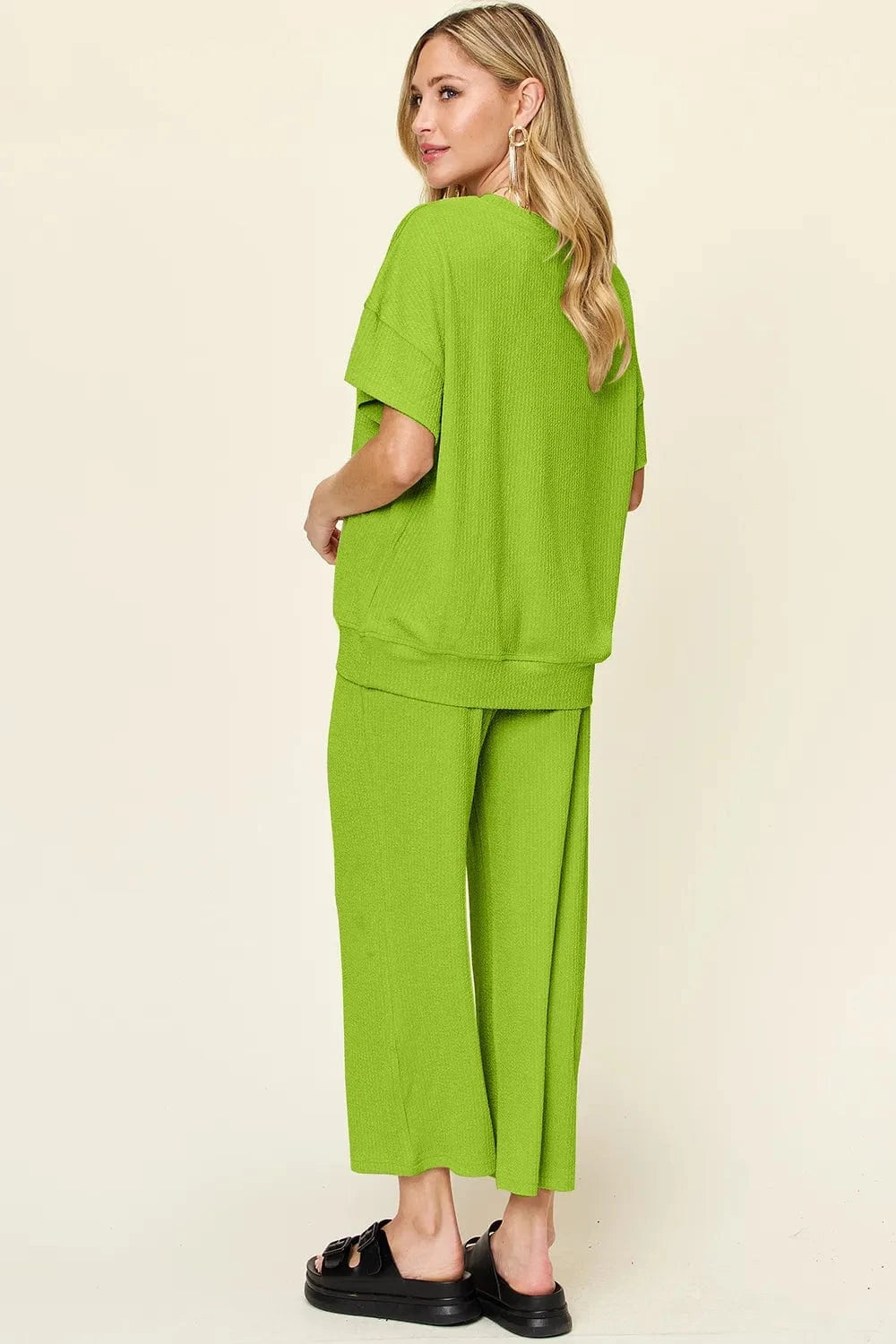 Double Take Full Size Texture Round Neck Short Sleeve T-Shirt and Wide Leg Pants everyday essentials