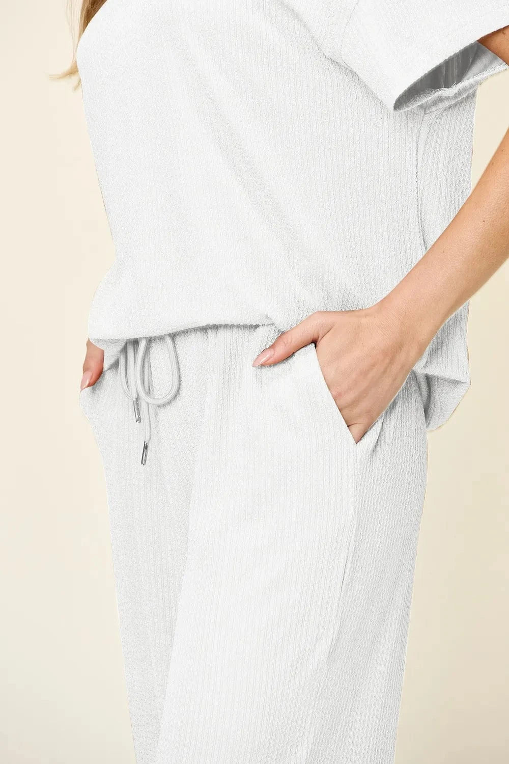 Double Take Full Size Texture Round Neck Short Sleeve T-Shirt and Wide Leg Pants everyday essentials