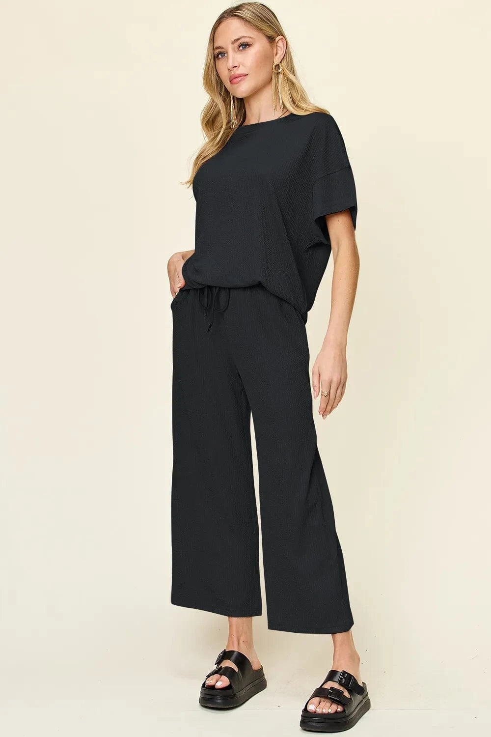 Double Take Full Size Texture Round Neck Short Sleeve T-Shirt and Wide Leg Pants everyday essentials