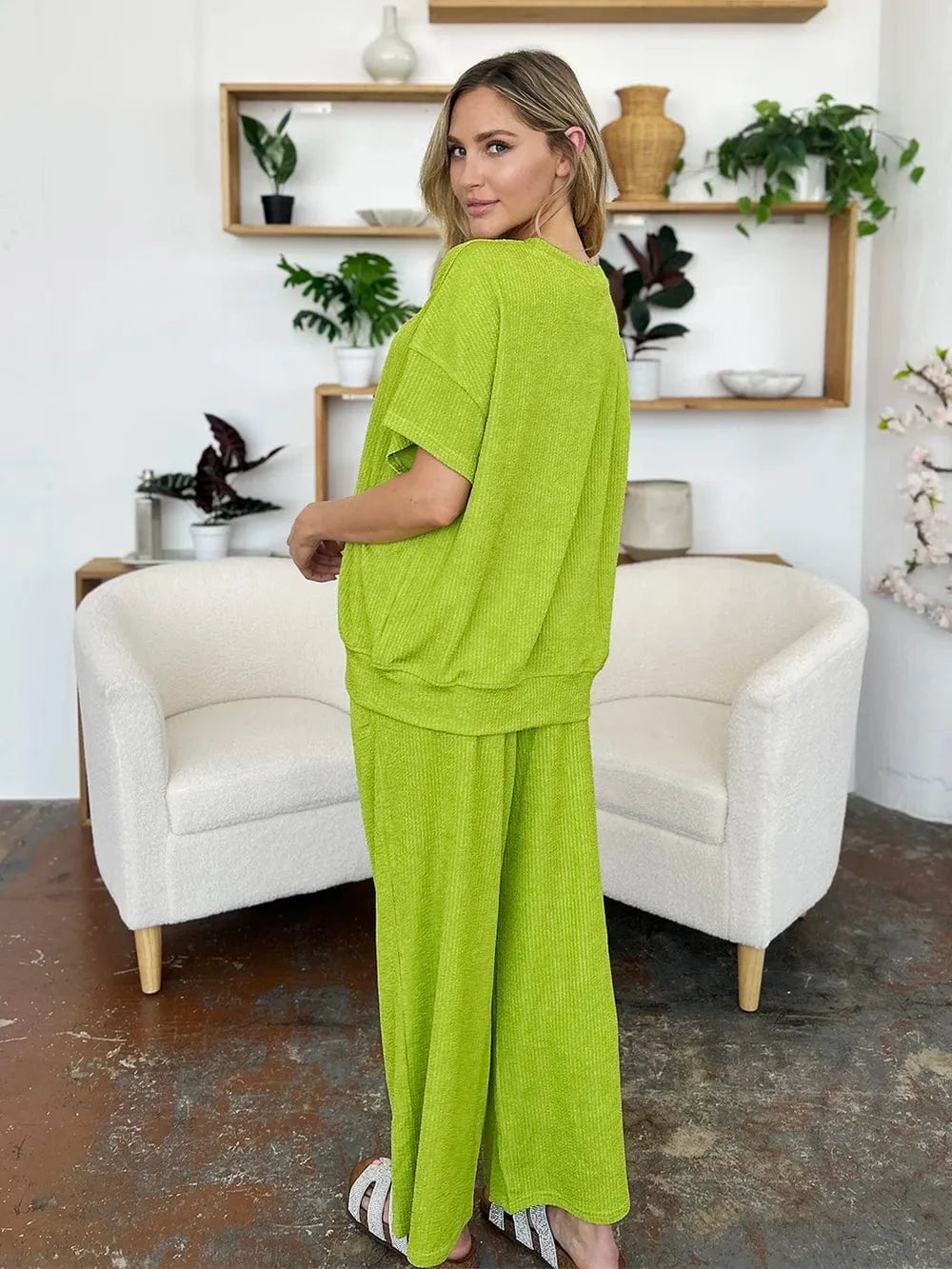 Double Take Full Size Texture Round Neck Short Sleeve T-Shirt and Wide Leg Pants everyday essentials