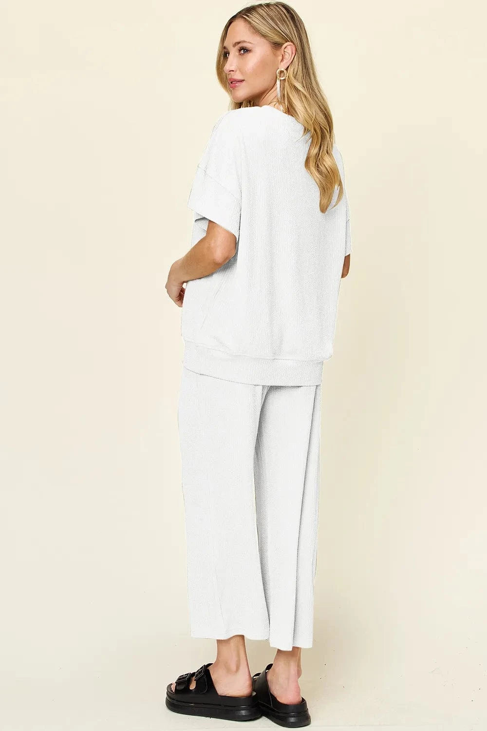 Double Take Full Size Texture Round Neck Short Sleeve T-Shirt and Wide Leg Pants everyday essentials