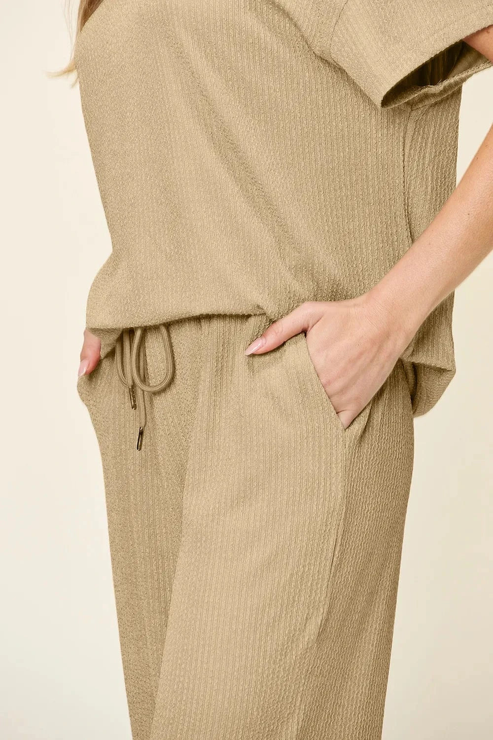 Double Take Full Size Texture Round Neck Short Sleeve T-Shirt and Wide Leg Pants everyday essentials