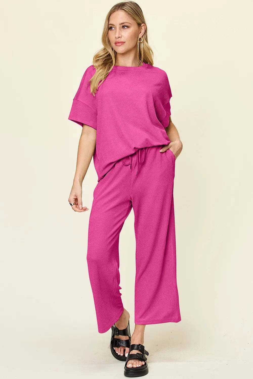 Double Take Full Size Texture Round Neck Short Sleeve T-Shirt and Wide Leg Pants everyday essentials