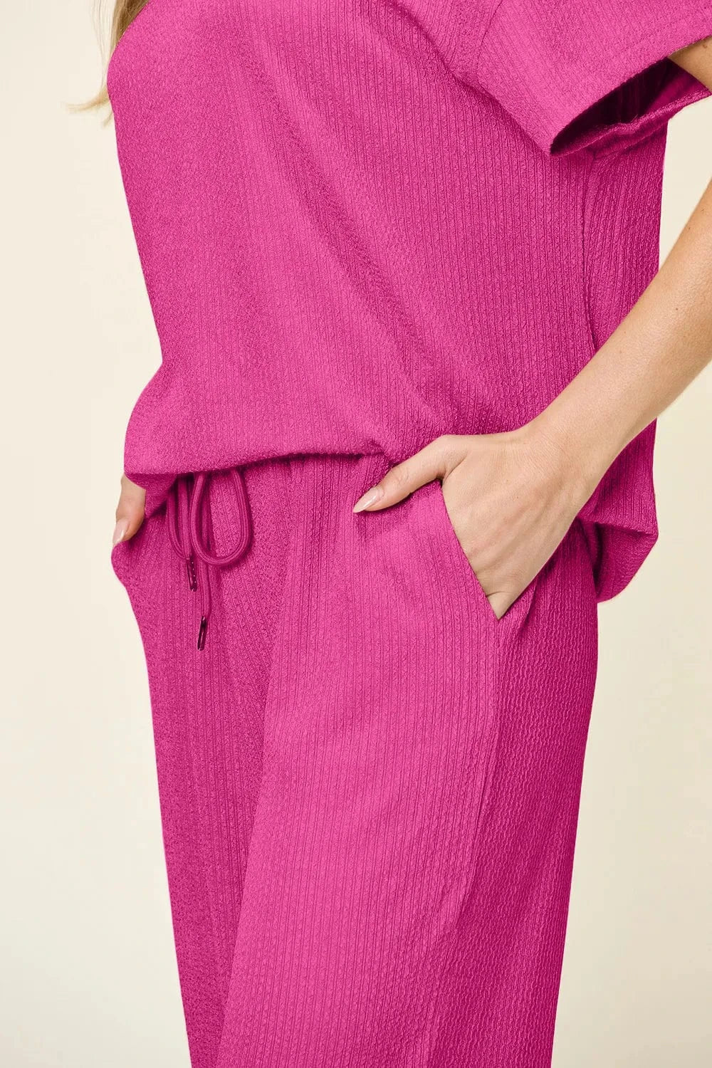 Double Take Full Size Texture Round Neck Short Sleeve T-Shirt and Wide Leg Pants everyday essentials