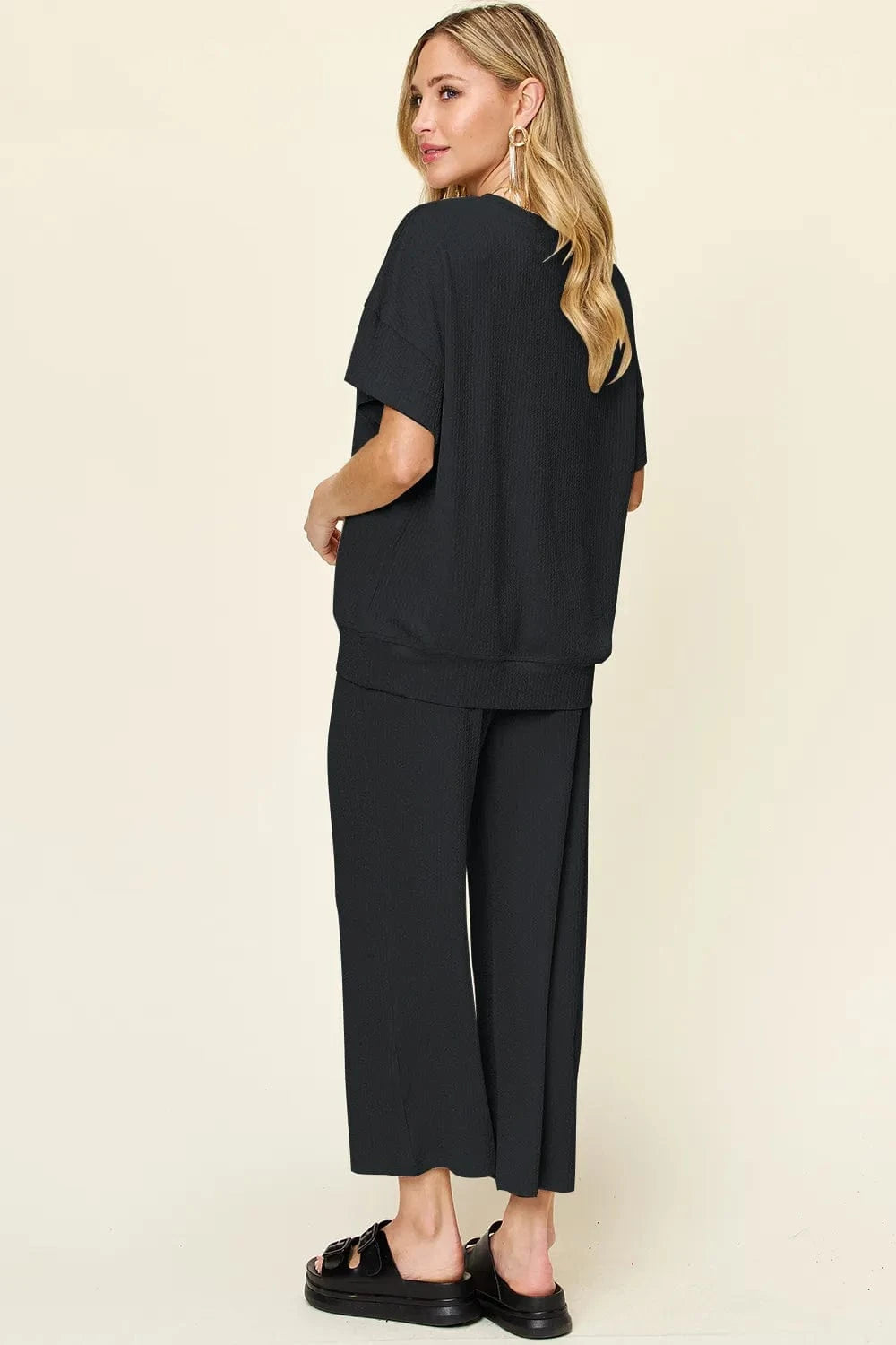 Double Take Full Size Texture Round Neck Short Sleeve T-Shirt and Wide Leg Pants everyday essentials