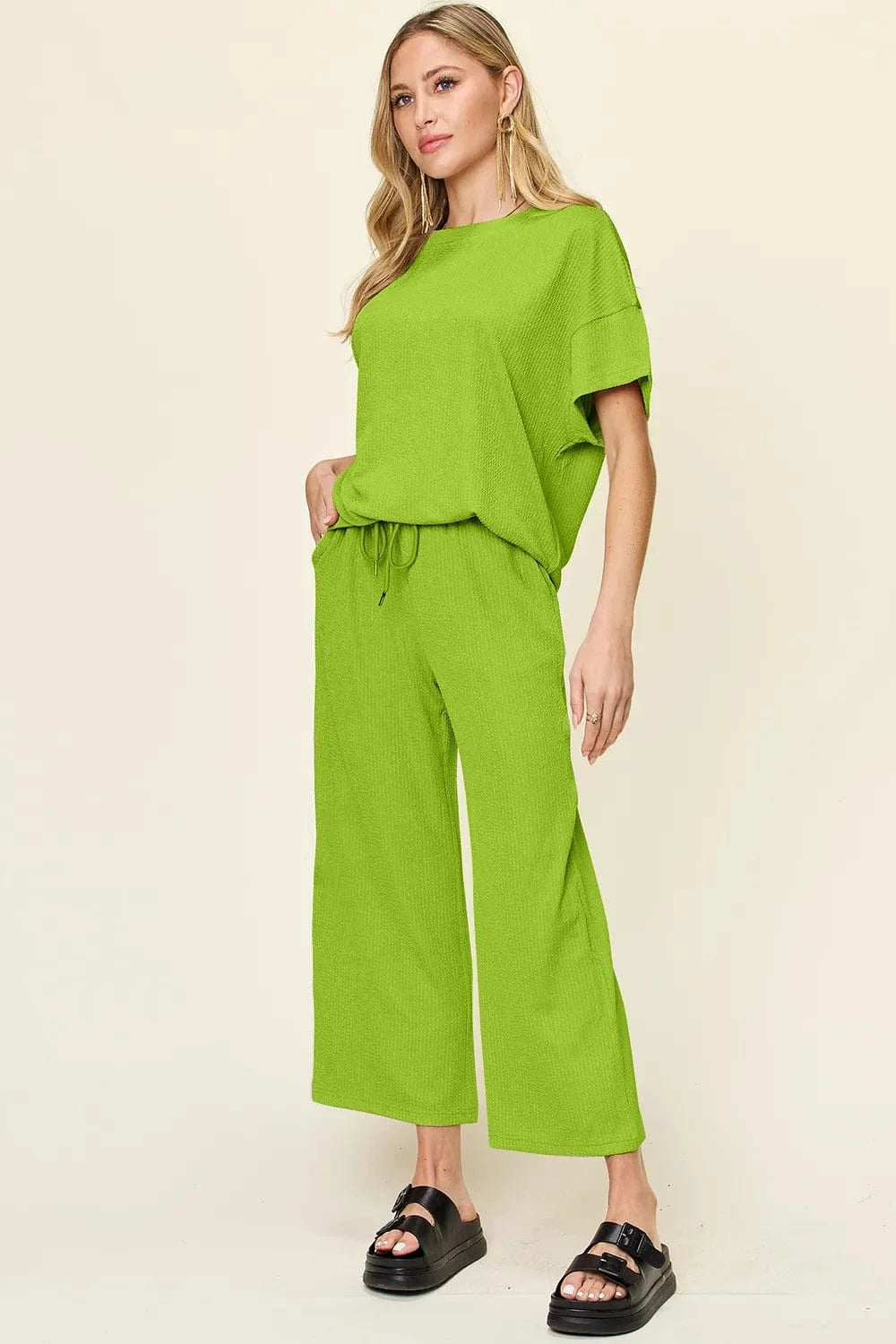 Double Take Full Size Texture Round Neck Short Sleeve T-Shirt and Wide Leg Pants everyday essentials