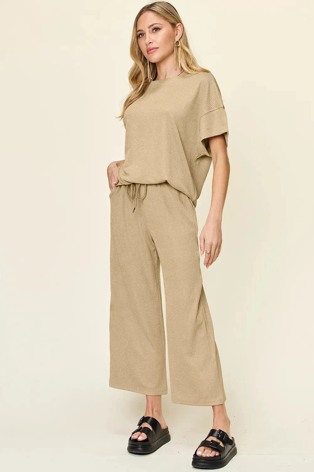 Double Take Full Size Texture Round Neck Short Sleeve T-Shirt and Wide Leg Pants everyday essentials