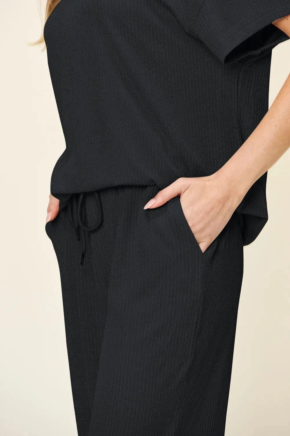 Double Take Full Size Texture Round Neck Short Sleeve T-Shirt and Wide Leg Pants everyday essentials