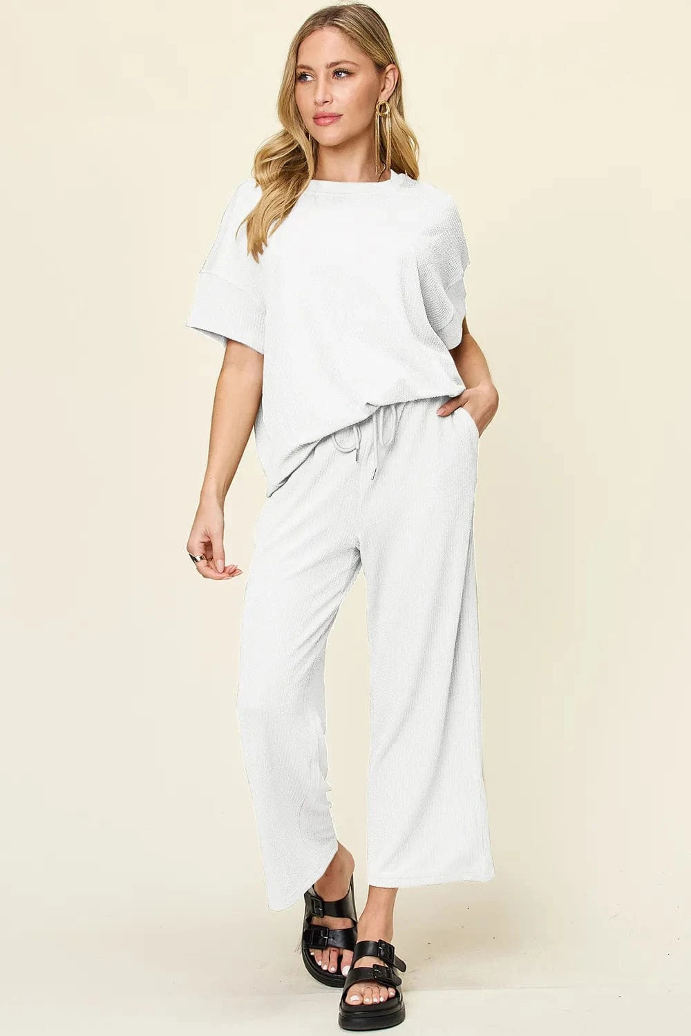 Double Take Full Size Texture Round Neck Short Sleeve T-Shirt and Wide Leg Pants everyday essentials