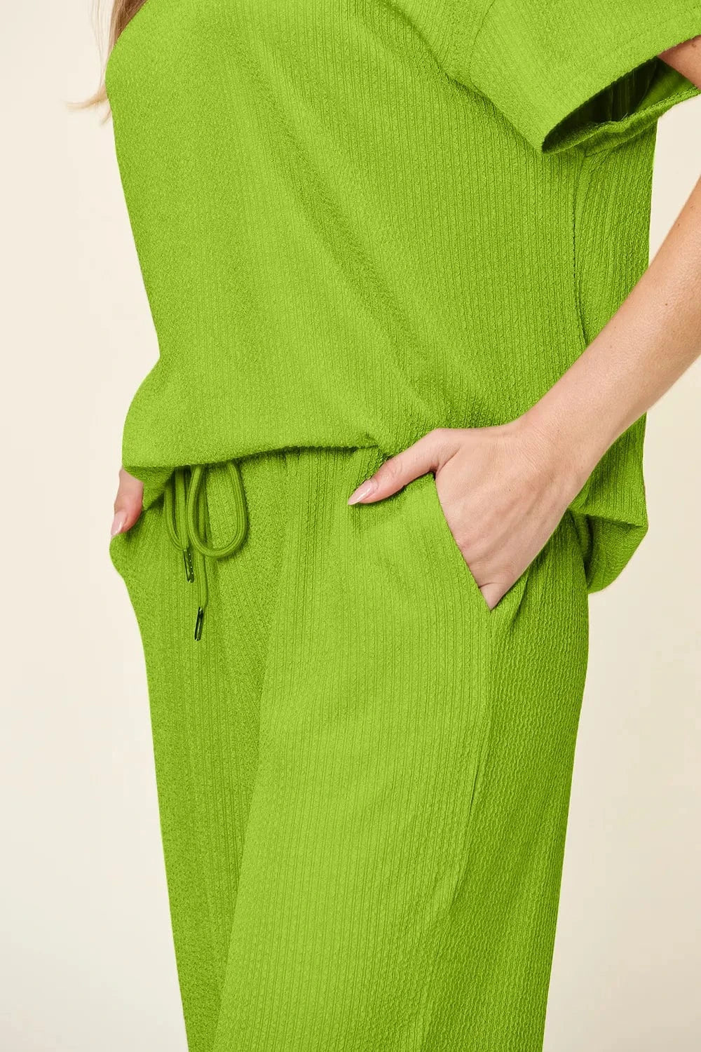 Double Take Full Size Texture Round Neck Short Sleeve T-Shirt and Wide Leg Pants everyday essentials