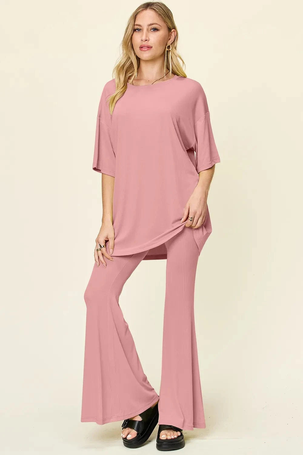 Dusty Pink Double Take Full Size Round Neck Drop Shoulder T-Shirt and Flare Pants Set everyday essentials