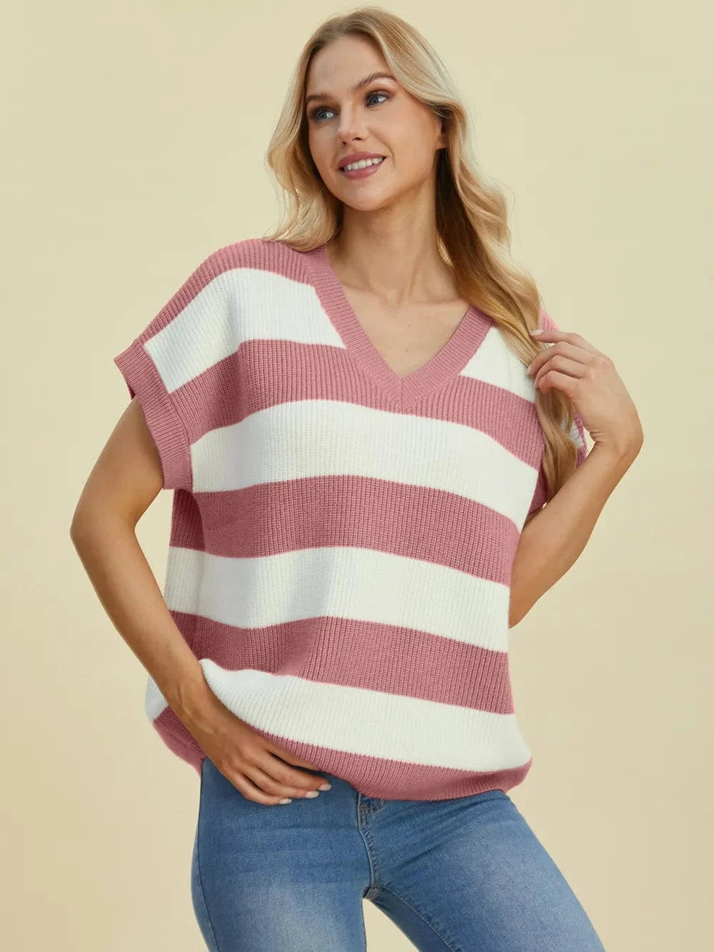 Dusty Pink Double Take Full Size Striped V-Neck Short Sleeve Sweater everyday essentials