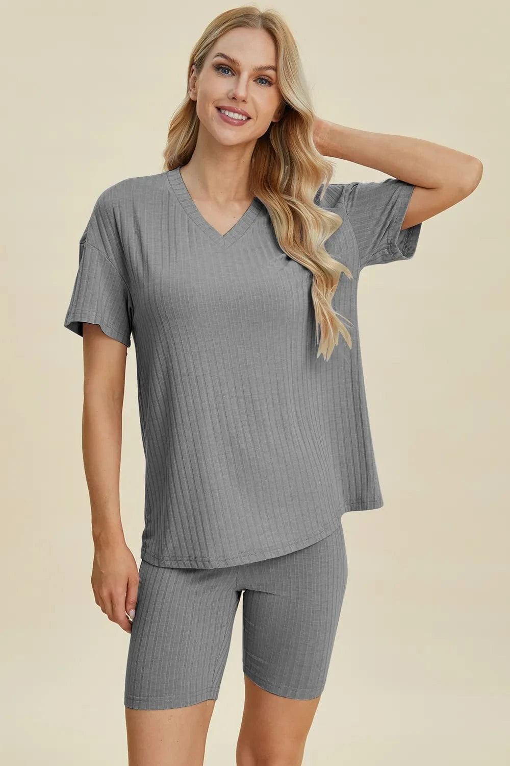 Gray Basic Bae Full Size Ribbed V-Neck Short Sleeve Top and Shorts Set everyday essentials