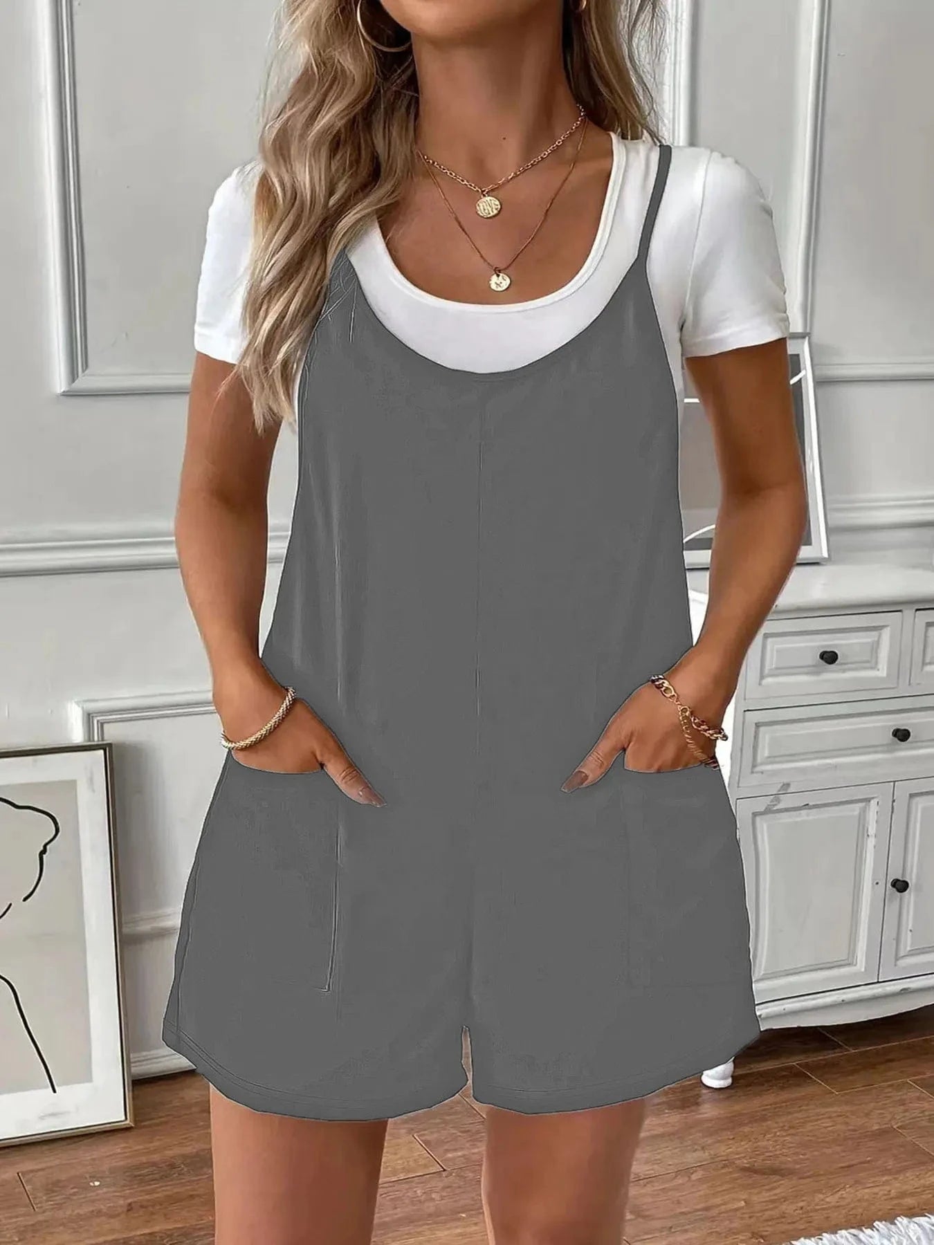 Gray Full Size Scoop Neck Spaghetti Strap Overalls Plus Size everyday essentials