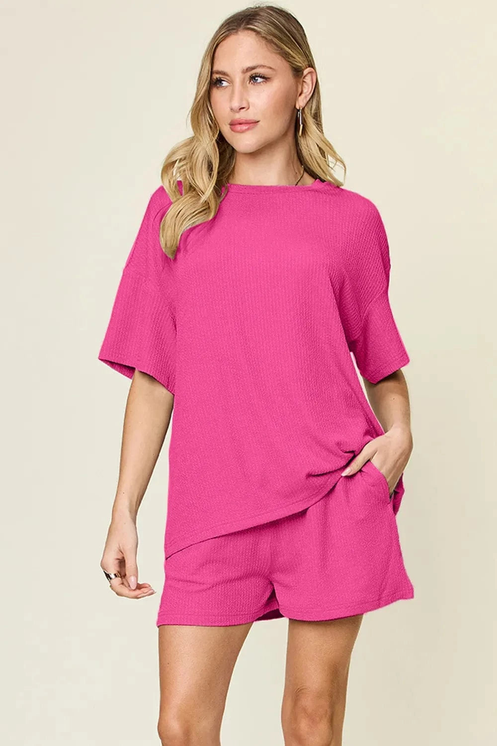 Hot Pink Double Take Basic style Round Neck Solid Set everyday essentials