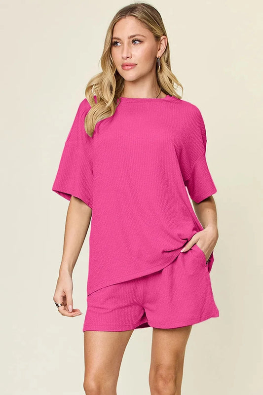 Hot Pink Double Take Basic style Round Neck Solid Set everyday essentials