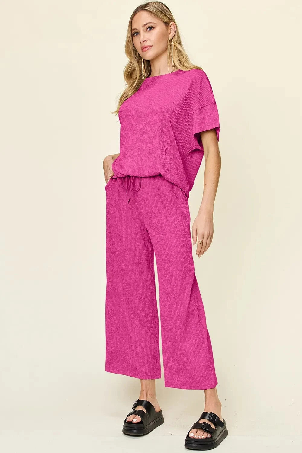 Hot Pink Double Take Full Size Texture Round Neck Short Sleeve T-Shirt and Wide Leg Pants everyday essentials