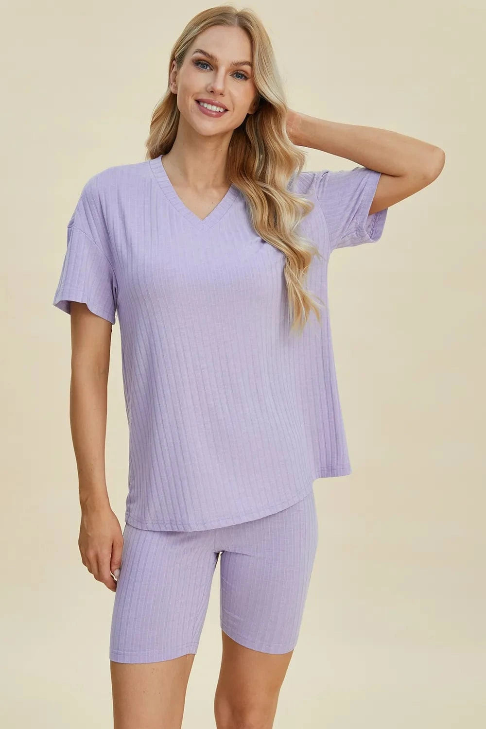 Lavender Basic Bae Full Size Ribbed V-Neck Short Sleeve Top and Shorts Set everyday essentials