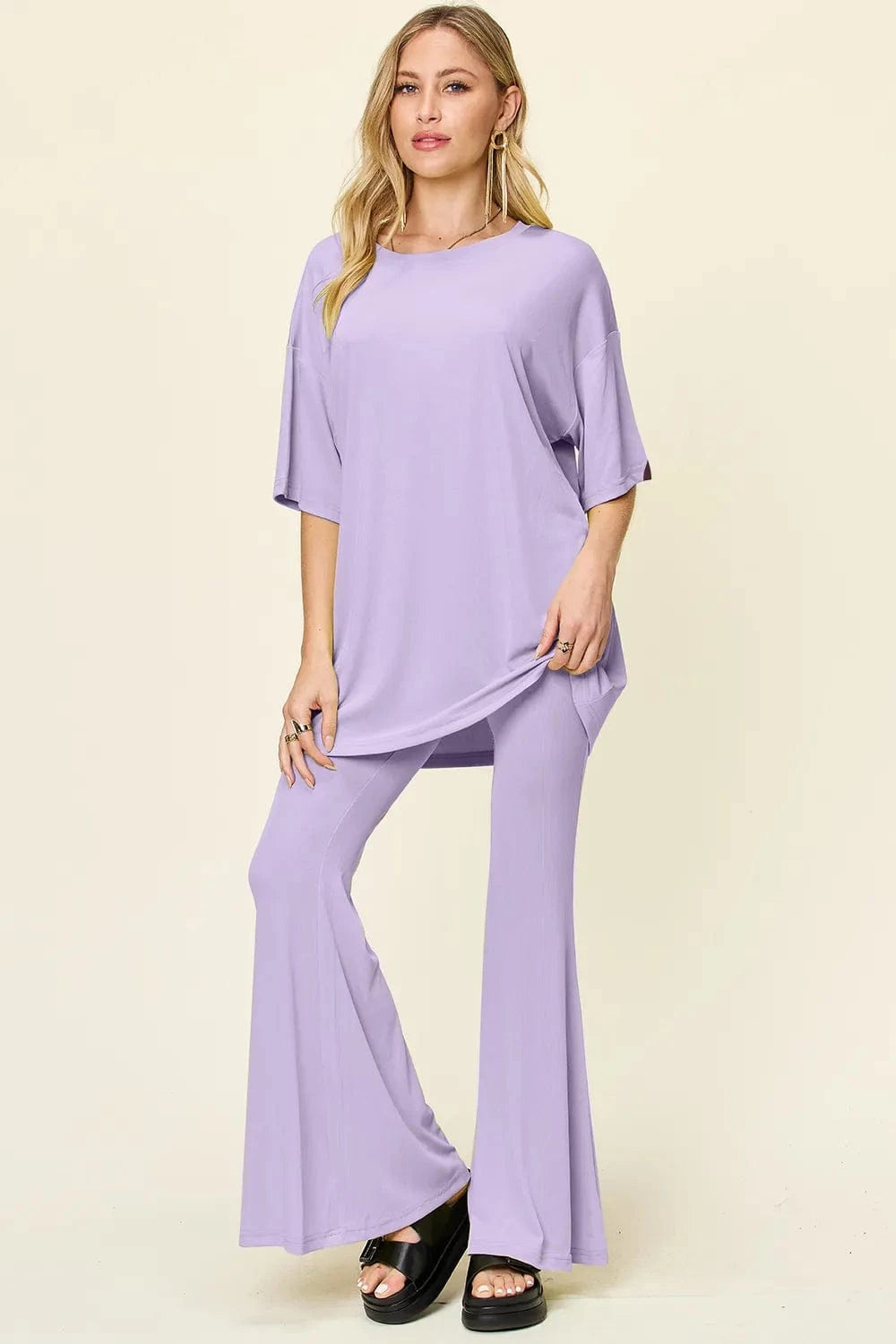 Lavender Double Take Full Size Round Neck Drop Shoulder T-Shirt and Flare Pants Set everyday essentials