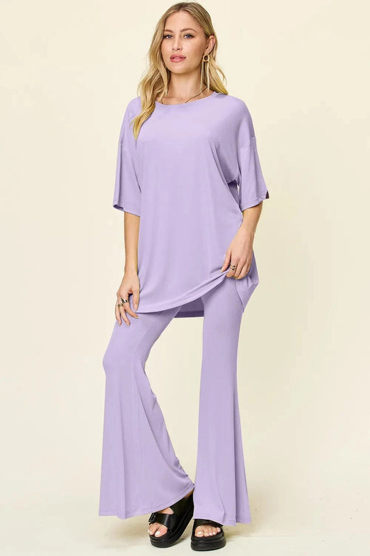 Lavender Double Take Full Size Round Neck Drop Shoulder T-Shirt and Flare Pants Set everyday essentials